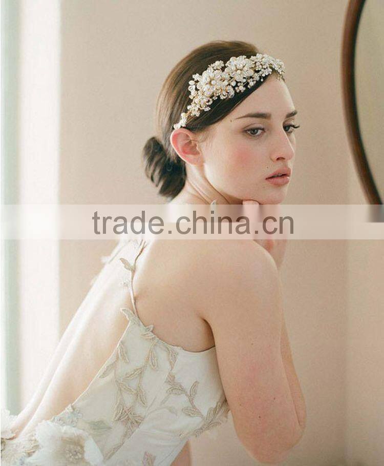 2015 Hot Sale Handmade Rhinestone Golden Flower Hair Band Hair Accessories for Women