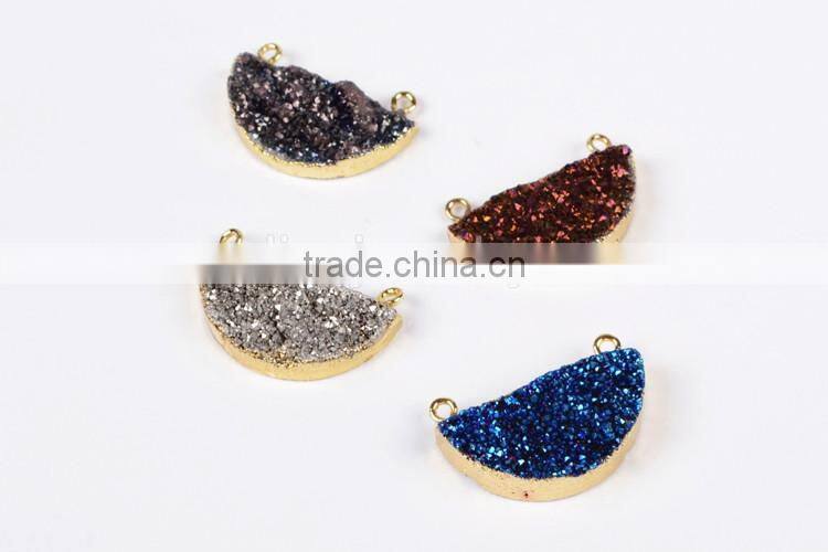 Titanium druzy half moon connector-rainbow, blue, opal white, silbver, coffee, green