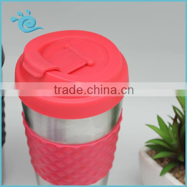 Good Quality 450ML Double Wall Stainless Isolated Coffee Mug with Anti-Slip Sleeve and Slant Lid
