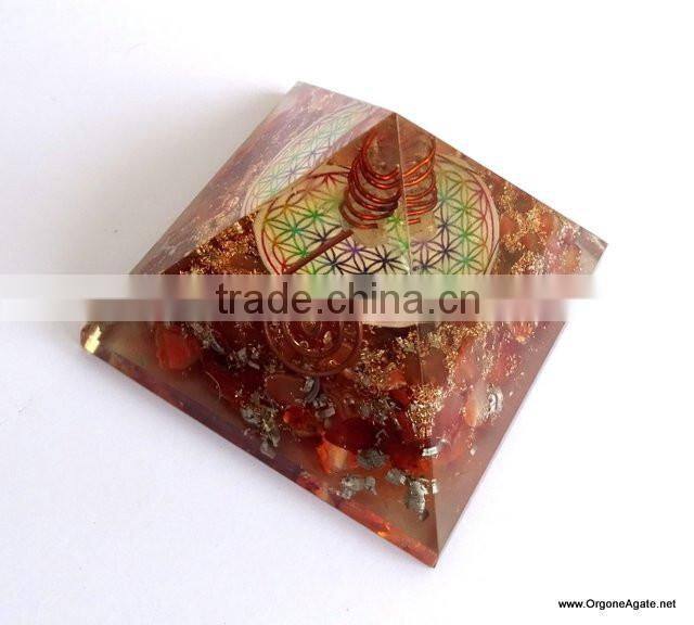 Chakra Pyramid | Big Orgone Red Carnelian Pyramid With Flower Of Life Symbol And Crystal Point | Reiki Products