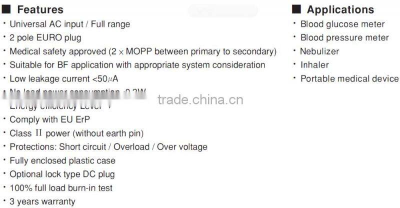 CE approved Mean Well 6W 9V single output wall mount power supply