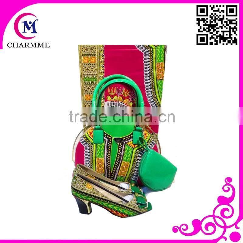 2015 Newest Ankara Wax Design WBS-0036 green wax bag and shoes in 100% cotton Fabric
