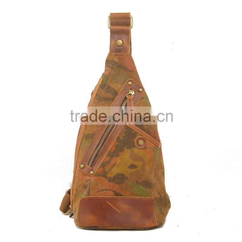 Wholesale canvas camouflage chest bag with leather trim canvas chest bag for man