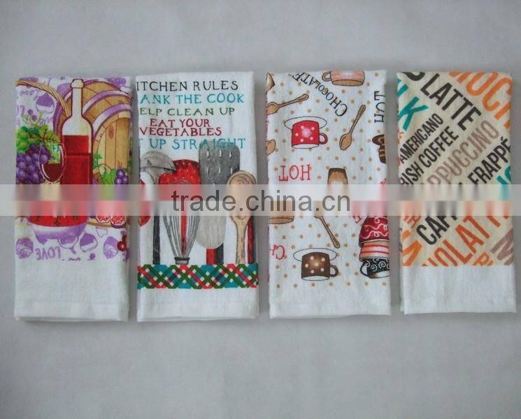 100% cotton flower design 1 pc printing velour towel and 1pc waffle solid color tea towel set