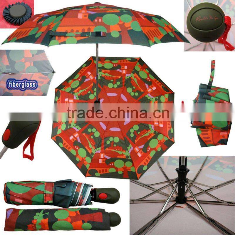 printed pocket auto open and close 3 foldable umbrella