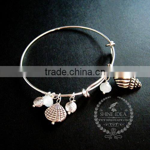 antiqued silver ocean sea shell fish blue glass bead charms wiring bangle bracelet fashion women jewelry 6440010