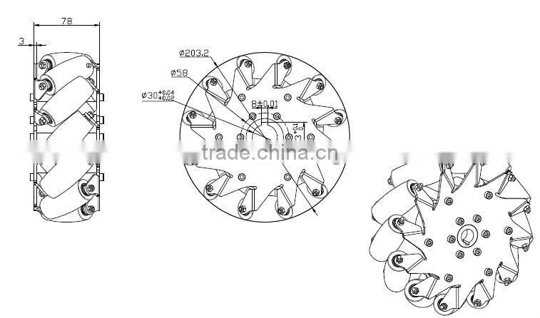 8 inch (203mm) Heavy duty Industrial mecanum wheel (professional custom,Payload:50~80kg/pcs)