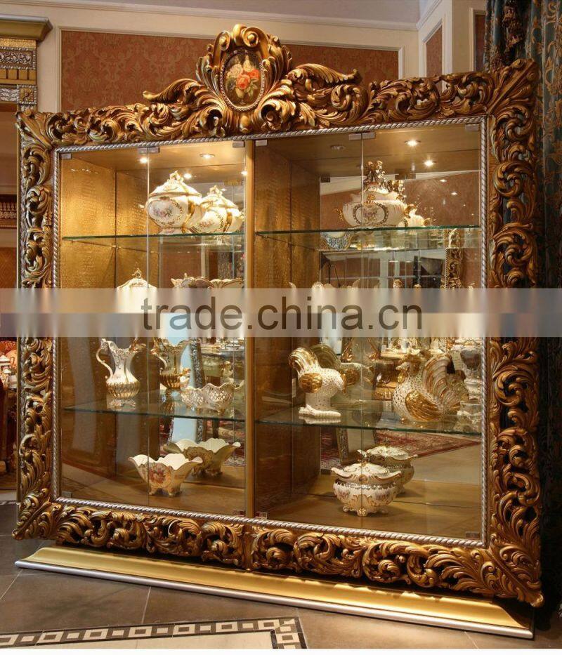 Antique Rococo Peacock Green Living Room Glass Display Cabinet/ Latest Design Decorative Wooden 4-Door Wine Cabinet