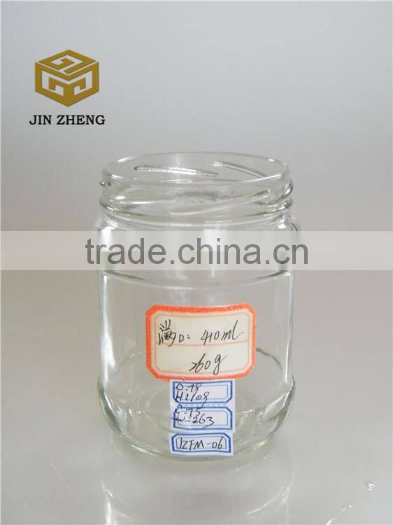 410ml glass jam jar, pickles jar with white screw cap manufacturer from China