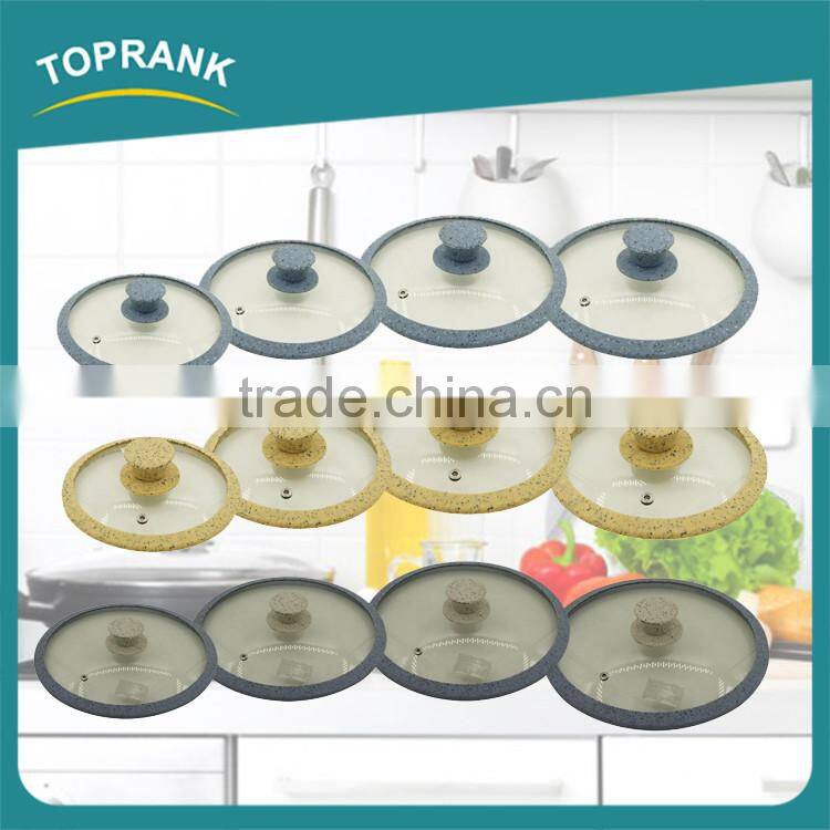 Kitchen cooking marble printed silicone edge tempered glass frying pan lid