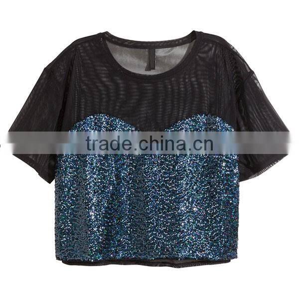 New Arrival Women Short Sleeve Wide Jersey Cropped Mesh Tops HST9262