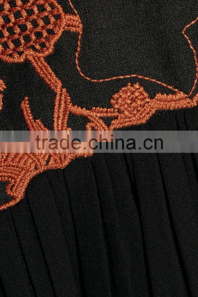 New Style Bohemian Floral Embroidery Design Embroidered Linen And Silk-Chiffon Long Billowy Sleeves Mini Dress 2017 HSD5908