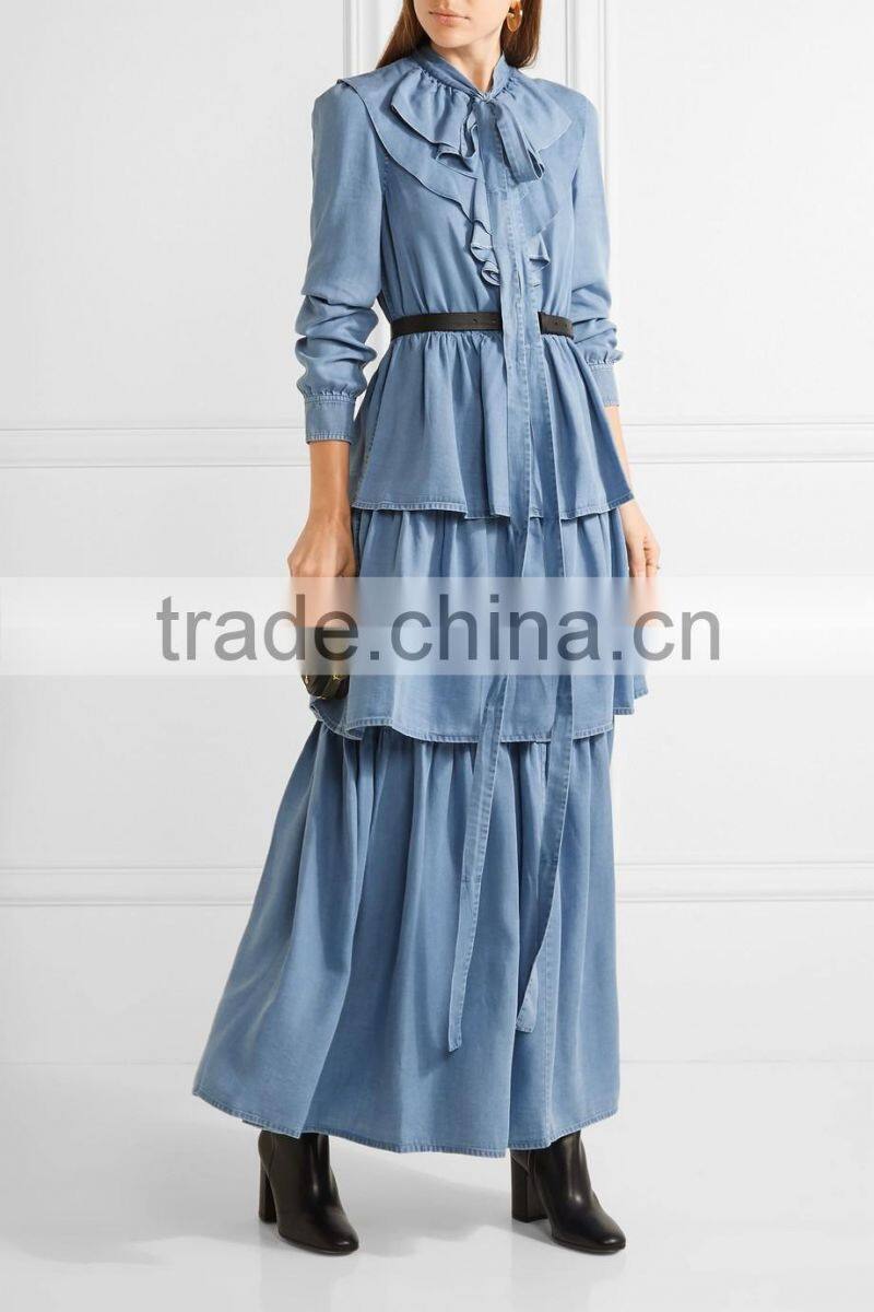 Latest Ruffled Tiered Tencel-chambray Long Sleeve Maxi Dress Names Of Ladies Drsses Designs Photos 2016 HSD5675