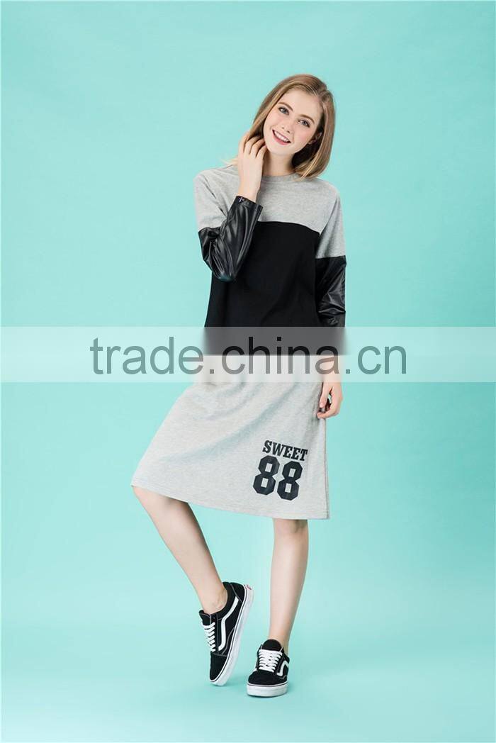 splice round neck black guangzhou custom women jersey longsleeve tshirt t-shirt cotton for ladies blank factory