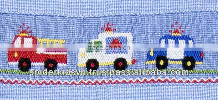 Infant / Toddler Boys Blue Gingham Smocked Rescue Trucks Shortall