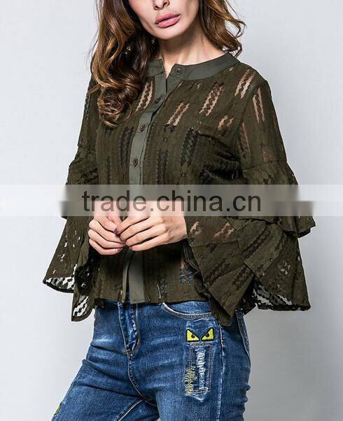 Runwaylover 121 2017 Ladies Sexy Flare Sleeve Lace Transparent Blouse