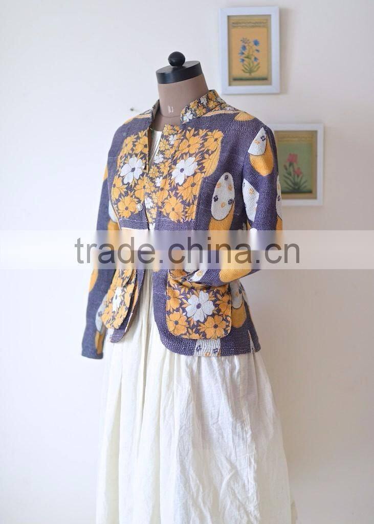 Denim Jacket in Kediyu Style with Vintage Kantha Fabric ~ Medium