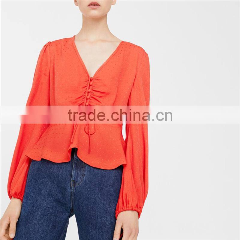 2017 newest style factory directly produce Flowy Fluted hem Button front blouse