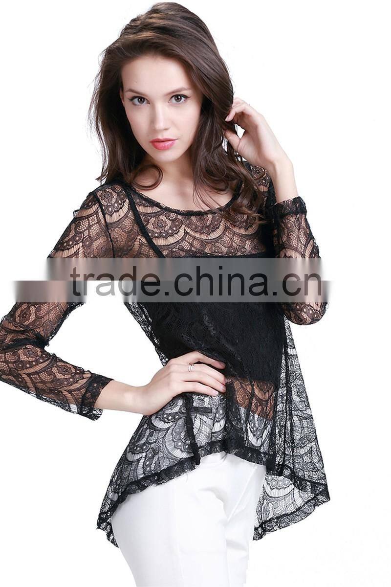 Women's new style black sexy lace short front long back wavy strip two piece shirt