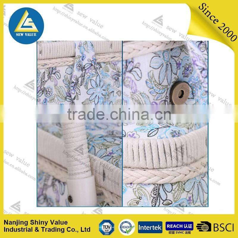Rural style fabric covered sewing basket made by hand