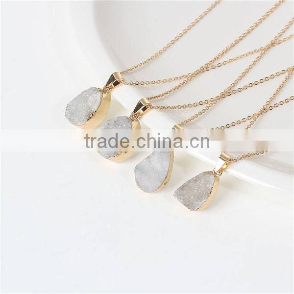 New Fashion Stone Druzy /Drusy Necklace Link Cable Chain Gold Plated White Drop Pendant 50.0cm long