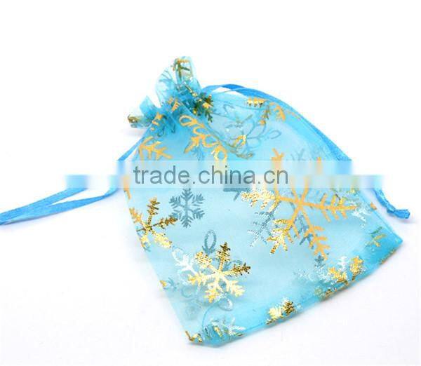Organza Jewelry Bags Drawstring Rectangle Skyblue Christmas Snowflake Pattern 12cm x9cm
