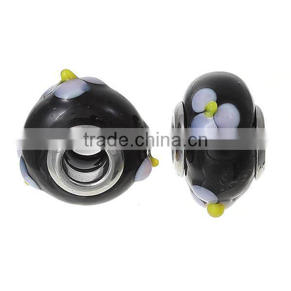 Lampwork Glass European Style Large Hole Beads Round Black Mauve Flower With 304 Stainless Steel Silver Tone Core