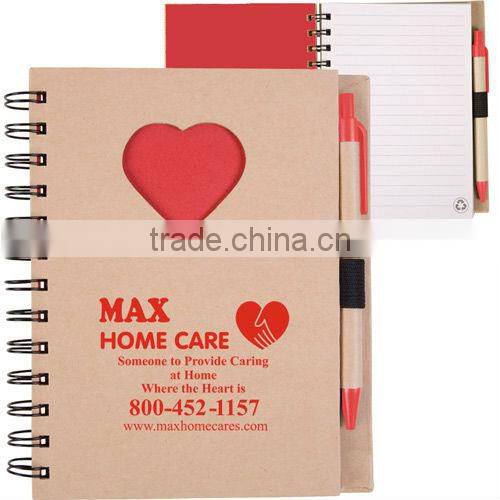 Spiral hard kraft paper cover recycle notebook with pen