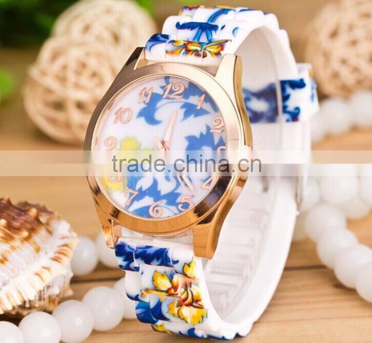 Newest Selling Hot Women/Ladies Fashion Watch Silicon Band Flower Print Jelly Sports Quartz