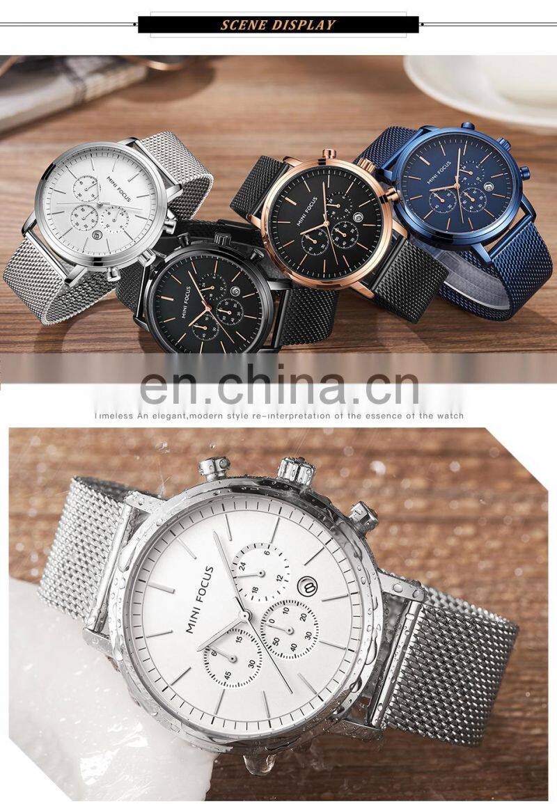 MINI FOCUS 0297G Fashion Men's Wrist Watches Luxury Design Quartz Watch Men 30m Waterproof Blue Stainless Steel Watch