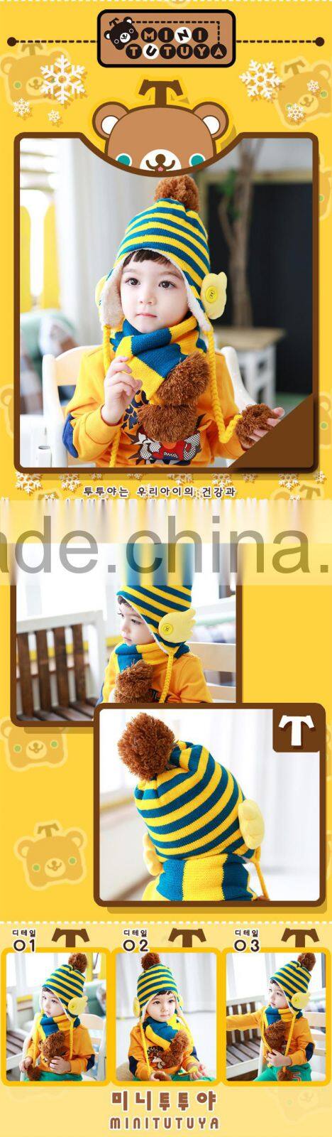 Fashion Korean Baby Kids Boys Girls Stripe Knitted Earflap Winter Hat Scarf Set