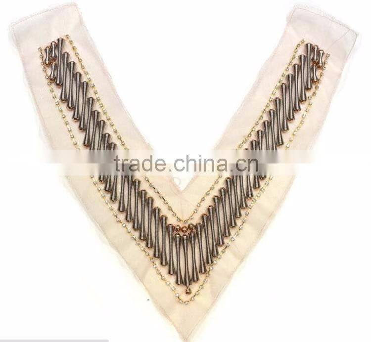 Garment accessory Deep V Shape trims,Cheap OEM/ODM Plastic Beads Handmade Sew on Net Cloth Collar Neck Lady Designs