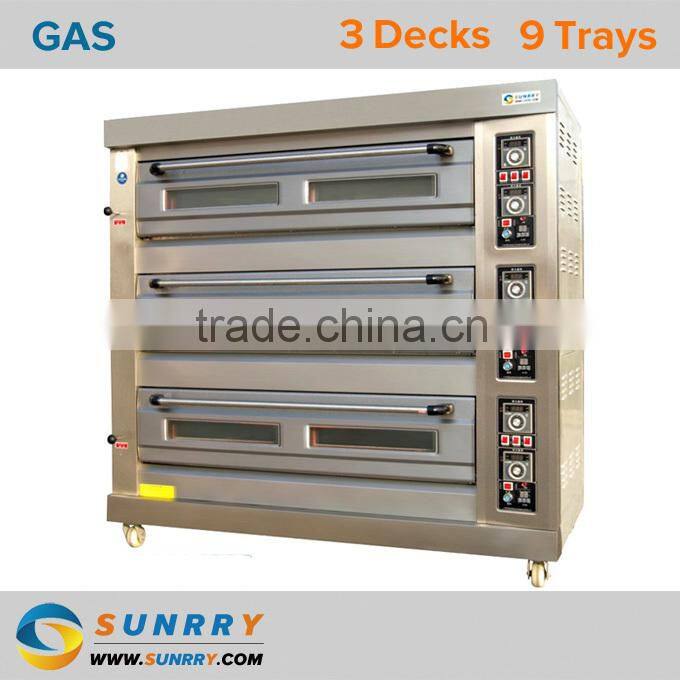 Kitchen equipment stainless steel 3 deck 9 trays commercial portable gas pizza pita bread oven baking for sale