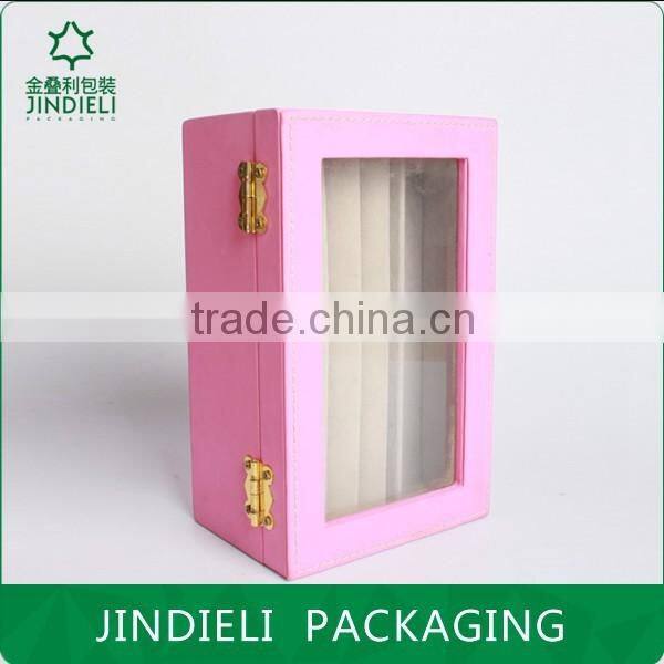 pink beautiful fashion leather wooden drawer jewelry box with pvc window