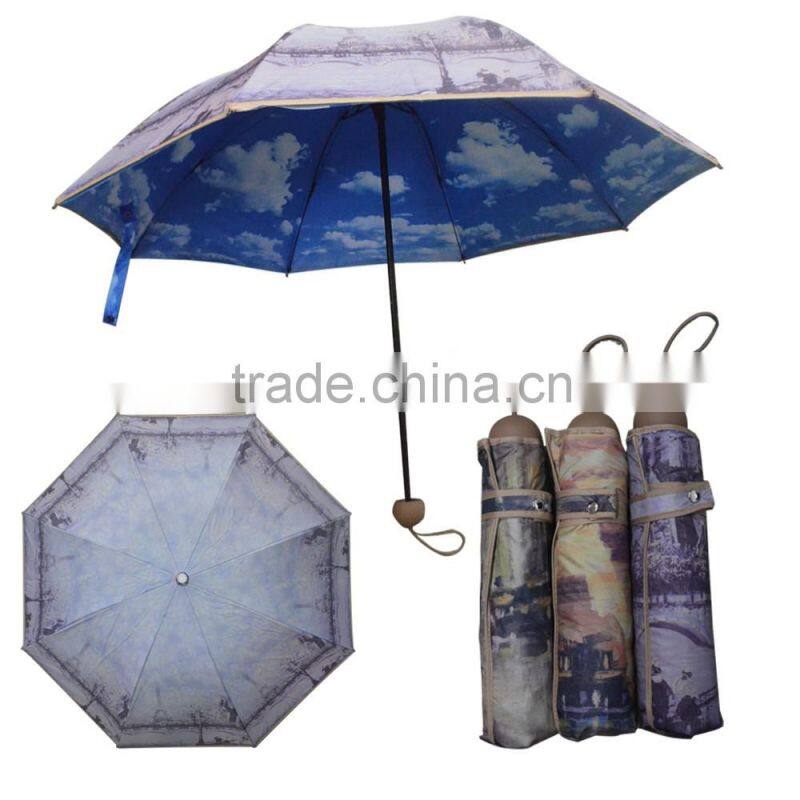 Super UV sun resist 3 fold uv protection black coated umbrella