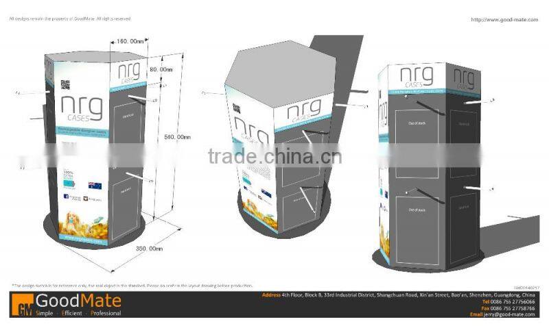 360 degree rotating cell phone accessory display stand with peg hooks, cell phone case display rack, display stand for mobile