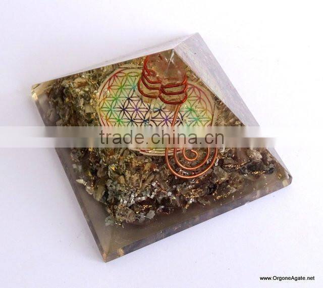 Big Orgone Energy Blue Aventurine Pyramid With Flower Of Life Symbol And Crystal Point | Flower Of Life Pyramid