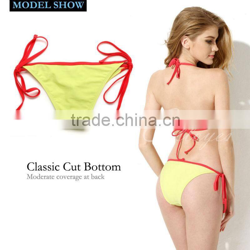 New Sexy Triangle Top 2016 Bikini Swimsuit Greenish Yellow + Red Lace with Classic Cut Bottom Colloyes
