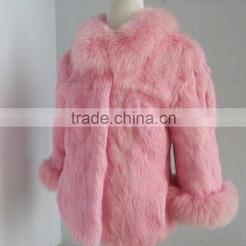 children pink rabbit fur coat with fox fur trim