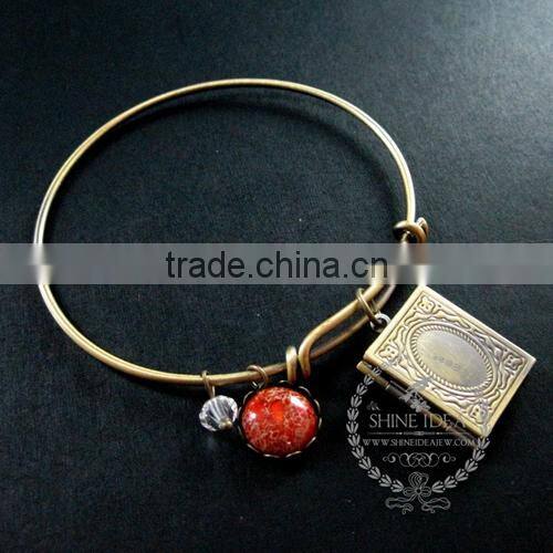 vintage bronze antiqued book photo locket orange imperial jasper charms fashion women wiring bangle bracelet 6450026