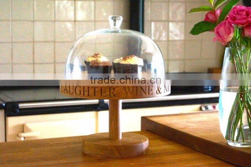 Oak Cake Stand with Laser Logo For Party Home Use Dessert Holder With Glass Cover