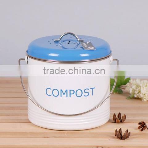 New cream power coated metal compost bin with red lid