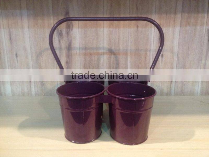 Set of 3 Mini Metal Flower Pots / Garden Planters With Handle