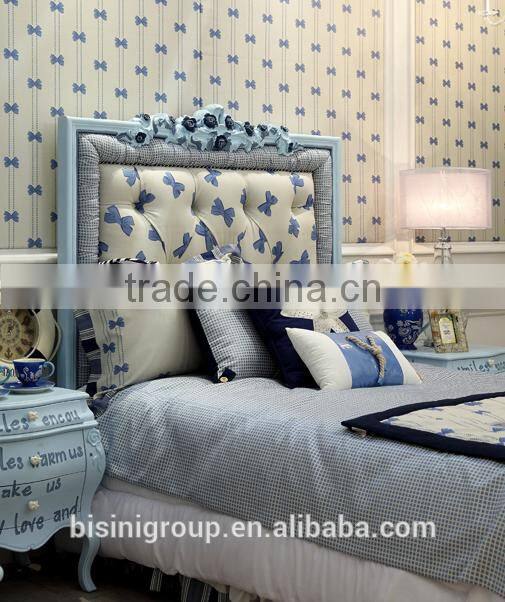 European style classic design boys light blue children wooden carved cloth art cot bed - BF07-70356
