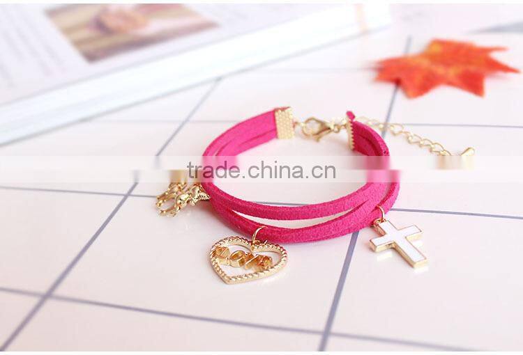 gold love heart cross horse feather charms sude leather bracelet multi layer velvet leather bracelet