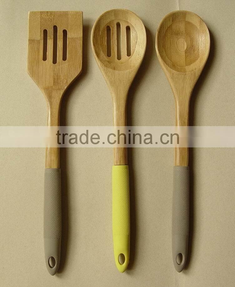 Wood Utensils 3-Pieces Set, Made of Bamboo with Silicone sleeve Handle