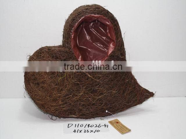 heart-shaped dark brown moss and sisal pot