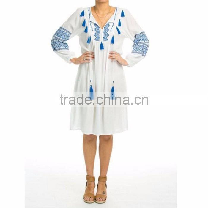 Long Sleeve Embroidery Boho Midi Dress Summer