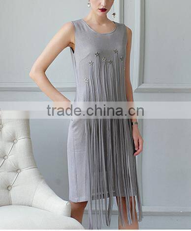 fashion clothing OEM star detailing sleeveless midi women tassels dress