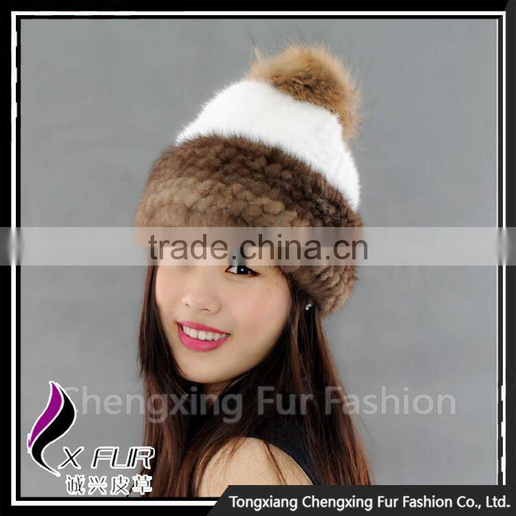 CX-C-235N New Design Knitted Animal Mink Fur Pom Pom Beanie Hats Wholesale